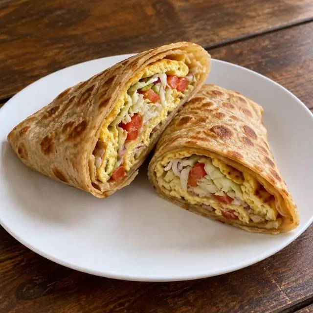Chapati rolex filled with omelette and vegetables